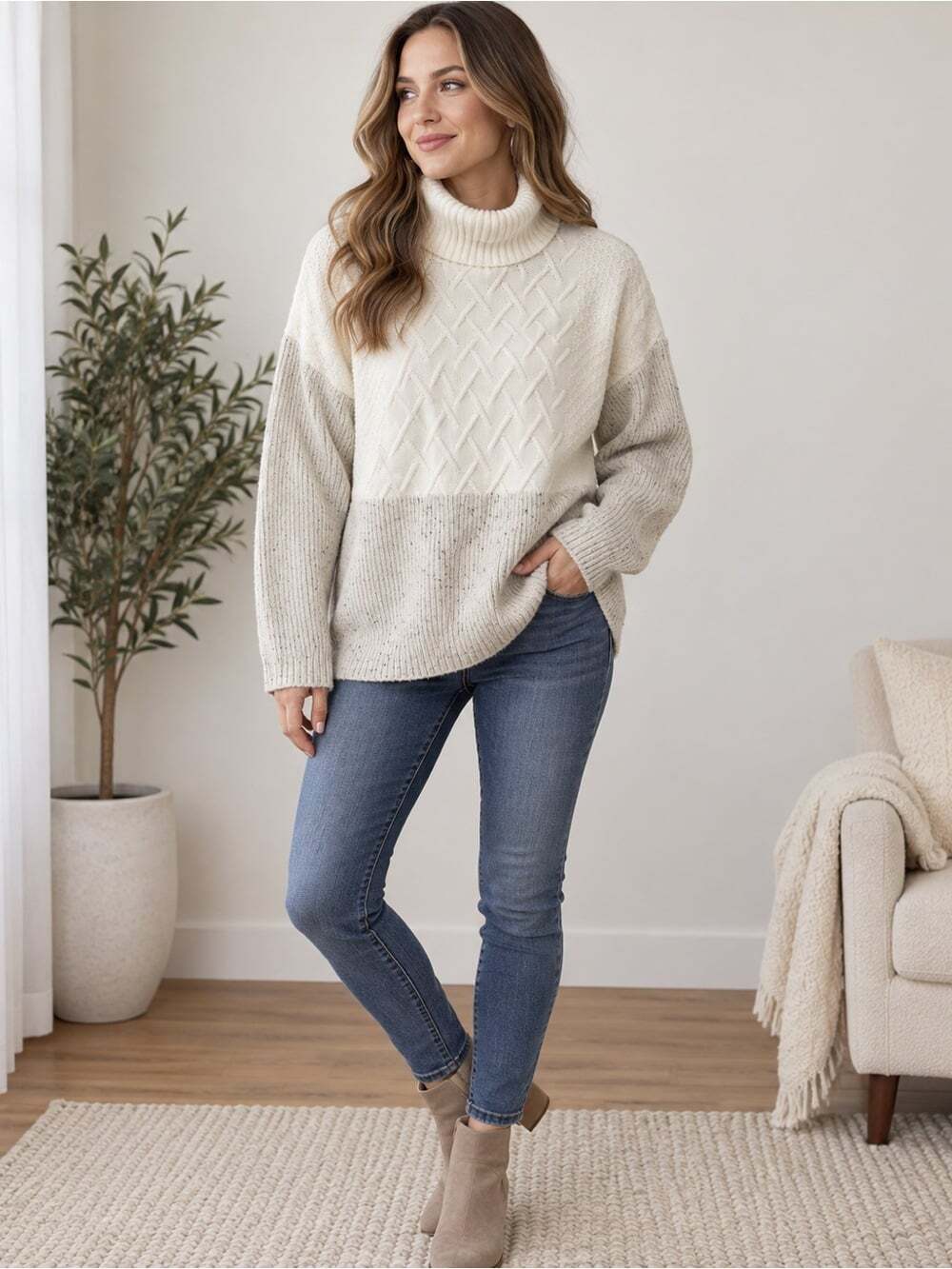 Belldini Cream Cable Knit Turtleneck Sweater Oversized Large Speckled Colorblock
